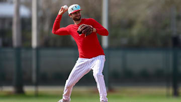 Feb 19, 2025; Clearwater, FL, USA; Philadelphia Phillies shortstop Trea Turner (7) participates in spring training workouts at BayCare Ballpark.