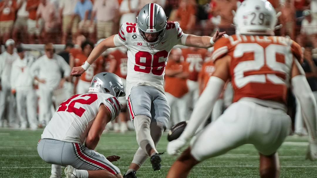 Ohio State Buckeyes kicker Connor Hawkins (96) kicks a field goal during the NCAA football game against the Texas Longhorns at Darrell K Royal–Texas Memorial Stadium in Austin, Texas on Sept. 12, 2026. Texas won 24-23. Ohio State Buckeyes kicker Connor Hawkins (96) kicks a field goal during the NCAA football game against the Texas Longhorns at Darrell K Royal–Texas Memorial Stadium in Austin, Texas on Sept. 12, 2026. Texas won 24-23.