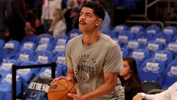 Oct 25, 2024; New York, New York, USA; Indiana Pacers guard Ben Sheppard (26) warms up before a game against the New York Knicks at Madison Square Garden. Mandatory Credit: Brad Penner-Imagn Images