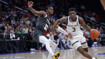 Mar 12, 2024; Washington, D.C., USA; Notre Dame Fighting Irish guard Markus Burton (3) drives to the