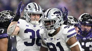 Dec 3, 2022; Arlington, TX, USA; Kansas State Wildcats defensive end Brendan Mott (38) and defensive