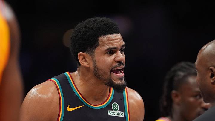 Apr 10, 2026; Charlotte, North Carolina, USA; Detroit Pistons forward Tobias Harris (12) reacts after a play against the Charlotte Hornets during first quarter at Spectrum Center. Mandatory Credit: Jim Dedmon-Imagn Images
