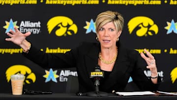 Iowa head coach Jan Jensen fields questions from journalists during the Iowa women’s basketball media day Oct. 14, 2025 at Carver-Hawkeye Arena in Iowa City, Iowa.