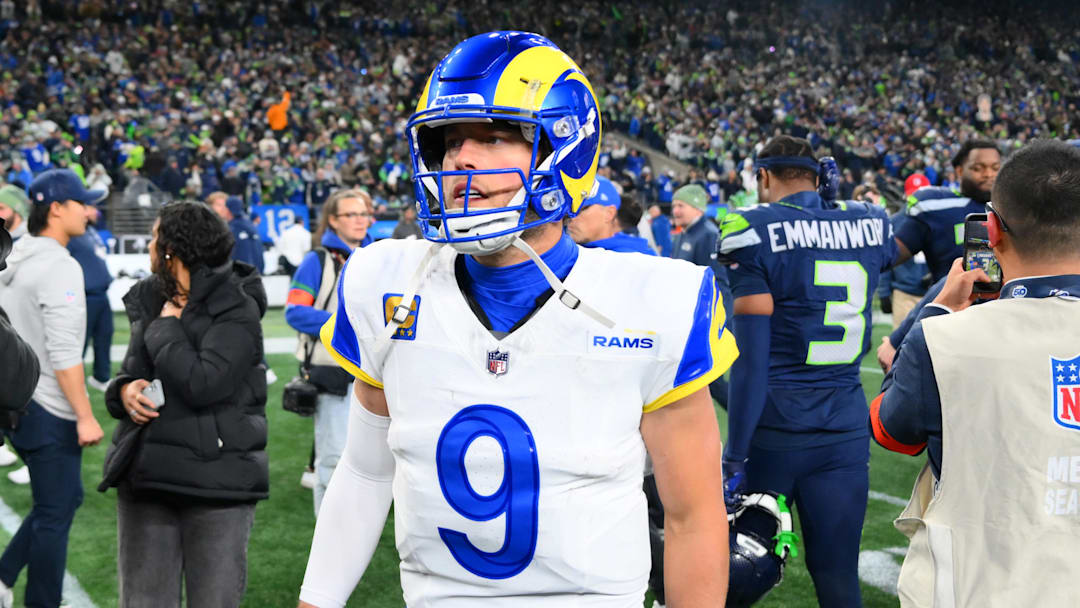 Jan 25, 2026; Seattle, WA, USA; Los Angeles Rams quarterback Matthew Stafford (9) leaves the field after the 2026 NFC Championship Game against the Seattle Seahawks at Lumen Field. Mandatory Credit: Steven Bisig-Imagn Images