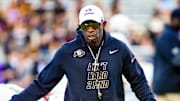 Oct 4, 2025; Fort Worth, Texas, USA; Colorado Buffaloes head coach Deion Sanders on the field during warm ups prior to a game against the TCU Horned Frogs at Amon G. Carter Stadium. Mandatory Credit: Raymond Carlin III-Imagn Images