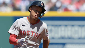 Boston Red Sox second baseman Kristian Campbell (28) advances to third during the second inning against the Cleveland Guardians at Progressive Field.