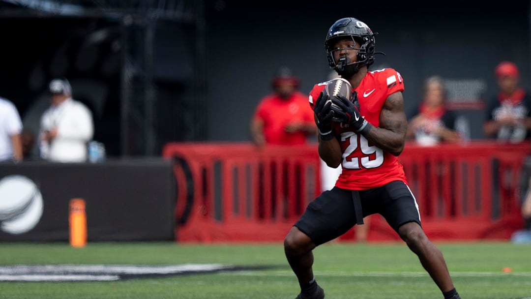 Cincinnati Bearcats running back Manny Covey (29) catches a punt in the second quarter of the NCAA football game between the Cincinnati Bearcats and UCF Knights at Nippert Stadium in Cincinnati on Oct. 11, 2025.