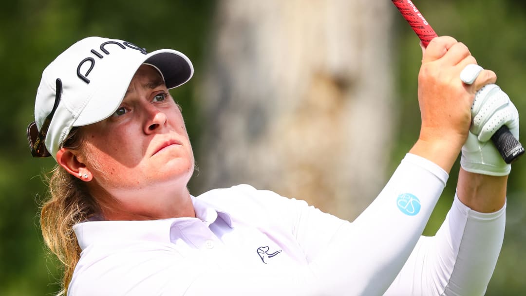 Jul 27, 2024; Calgary, Alberta, CAN; Lauren Coughlin plays her shot from the seventh tee during the third round of the CPKC Women's Open golf tournament. Mandatory Credit: Sergei Belski-USA TODAY Sports