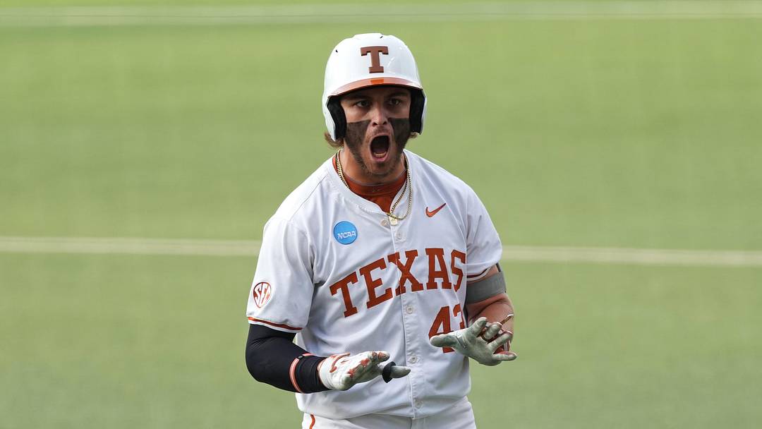 Jun 6, 2026; Austin, TX, USA; Texas Longhorns outfielder Aiden Robbins (43) reacts after drawing a walk during the first inning of a Super Regional game against Oregon Ducks at UFCU Disch-Falk field in Austin, Texas. Mandatory Credit: Scott Wachter-Imagn Images Jun 6, 2026; Austin, TX, USA; Texas Longhorns outfielder Aiden Robbins (43) reacts after drawing a walk during the first inning of a Super Regional game against Oregon Ducks at UFCU Disch-Falk field in Austin, Texas. Mandatory Credit: Scott Wachter-Imagn Images