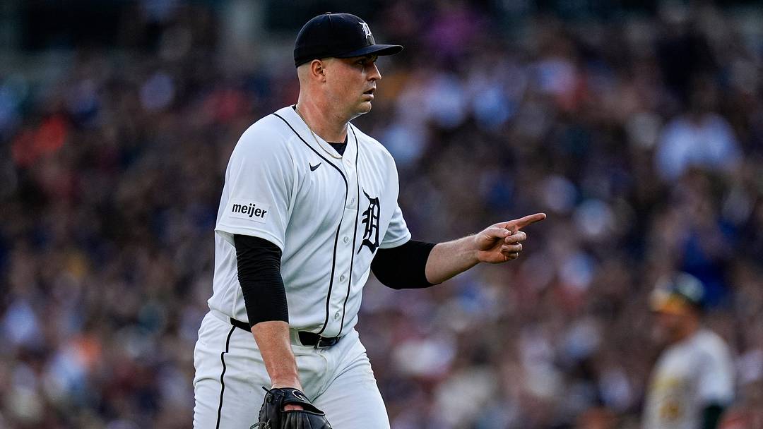 Detroit Tigers pitcher Tarik Skubal (29) signals to catcher Dillon Dingler (not in the photo) after a play against Athletics during the third inning at Comerica Park in Detroit on Tuesday, July 7, 2026. Detroit Tigers pitcher Tarik Skubal (29) signals to catcher Dillon Dingler (not in the photo) after a play against Athletics during the third inning at Comerica Park in Detroit on Tuesday, July 7, 2026.