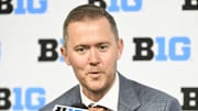 Jul 24, 2024; Indianapolis, IN, USA; USC Trojans head coach Lincoln Riley speaks to the media during the Big 10 football media day at Lucas Oil Stadium. Mandatory Credit: Robert Goddin-Imagn Images
