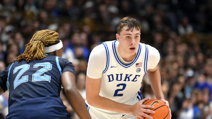 Nov 4, 2024; Durham, North Carolina, USA; Duke basketball guard Cooper Flagg (2) looks for an opening to pass during the second half against the Maine Black Bears at Cameron Indoor Stadium.