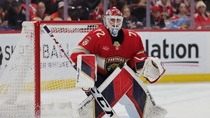 Oct 22, 2024; Sunrise, Florida, USA; Florida Panthers goaltender Sergei Bobrovsky (72) defends his net against the Minnesota Wild during the first period at Amerant Bank Arena. Mandatory Credit: Sam Navarro-Imagn Images