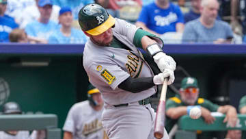 Athletics catcher Austin Wynns (29) hits a two run home run