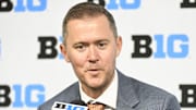 Jul 24, 2024; Indianapolis, IN, USA; USC Trojans head coach Lincoln Riley speaks to the media during the Big 10 football media day at Lucas Oil Stadium. Mandatory Credit: Robert Goddin-Imagn Images