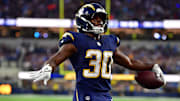 Oct 23, 2025; Inglewood, California, USA; Los Angeles Chargers running back Kimani Vidal (30) reacts after scoring a touchdown 