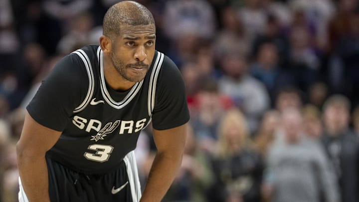 Dec 29, 2024; Minneapolis, Minnesota, USA; San Antonio Spurs guard Chris Paul (3) looks on against the Minnesota Timberwolves in the second half at Target Center. Mandatory Credit: Jesse Johnson-Imagn Images