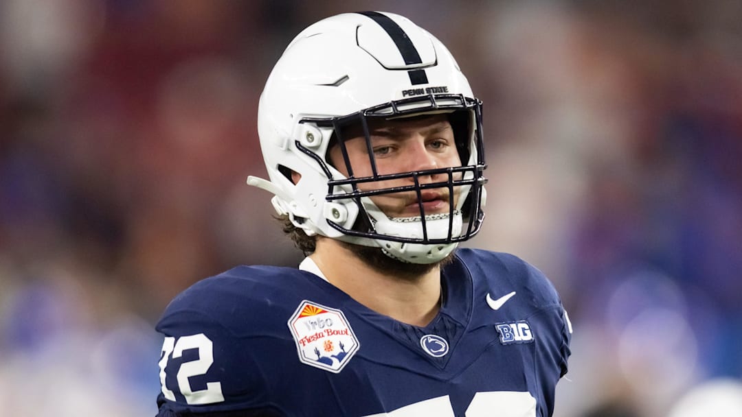 Dec 31, 2024; Glendale, AZ, USA; Penn State Nittany Lions offensive lineman Nolan Rucci (72) against the Boise State Broncos during the Fiesta Bowl at State Farm Stadium. Mandatory Credit: Mark J. Rebilas-Imagn Images