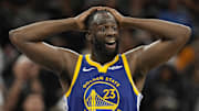 Nov 14, 2025; San Antonio, Texas, USA; Golden State Warriors forward Draymond Green (23) reacts after being called for a foul during the second half against the San Antonio Spurs at Frost Bank Center. Mandatory Credit: Scott Wachter-Imagn Images