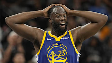 Nov 14, 2025; San Antonio, Texas, USA; Golden State Warriors forward Draymond Green (23) reacts after being called for a foul during the second half against the San Antonio Spurs at Frost Bank Center. Mandatory Credit: Scott Wachter-Imagn Images
