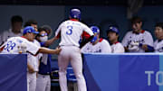 Aug 2, 2021; Yokohama, Japan; Team South Korea infielder Hyeseong Kim (3) celebrates with the dugout after scoring a run against Israel during the Tokyo 2020 Olympic Summer Games at Yokohama Baseball Stadium.