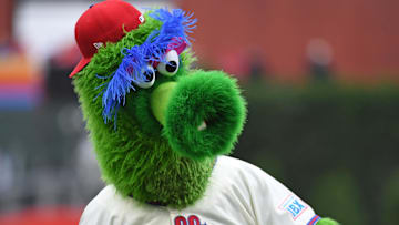 The Phillie Phanatic performs before game between the Philadelphia Phillies and the Toronto Blue Jays at Citizens Bank Park on June 15.