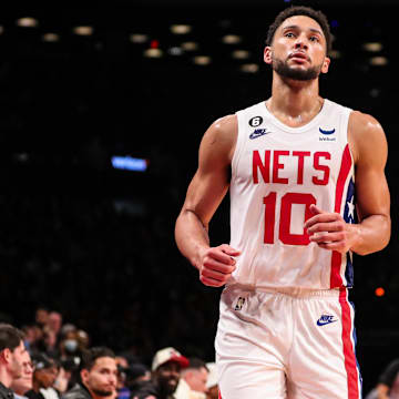 Oct 29, 2022; Brooklyn, New York, USA;  Brooklyn Nets guard Ben Simmons (10) at Barclays Center. Mandatory Credit: Wendell Cruz-Imagn Images