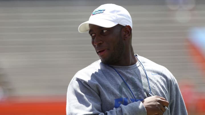 April 6, 2013; Gainesville FL, USA; Florida Gators defensive backs coach Travaris Robinson during the spring practice for the Orange and Blue Deput at Ben Hill Griffin Stadium. Mandatory Credit: Kim Klement-USA TODAY Sports