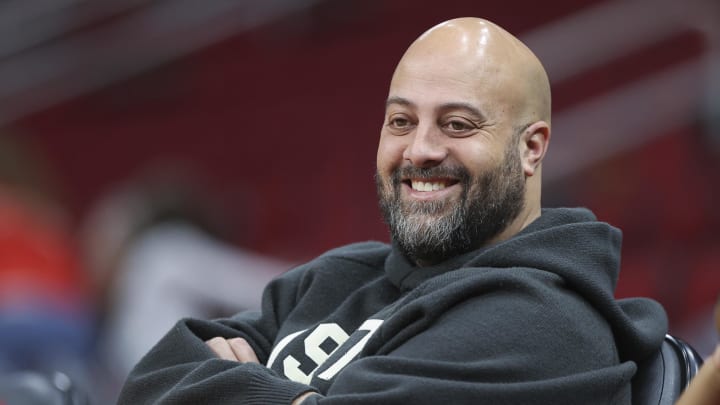 Dec 19, 2022; Houston, Texas, USA; against the Houston Rockets general manager Rafael Stone smiles before the game against the San Antonio Spurs at Toyota Center. Mandatory Credit: Troy Taormina-USA TODAY Sports
