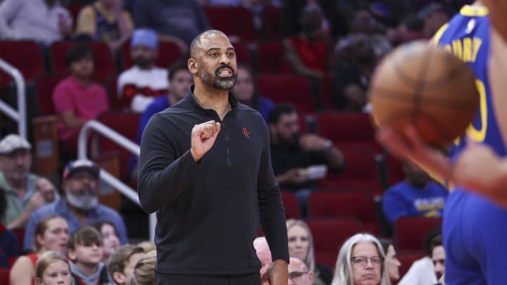 Oct 29, 2023; Houston, Texas, USA; Houston Rockets head coach Ime Udoka during the game against the Golden State Warriors at Toyota Center. Mandatory Credit: Troy Taormina-USA TODAY Sports