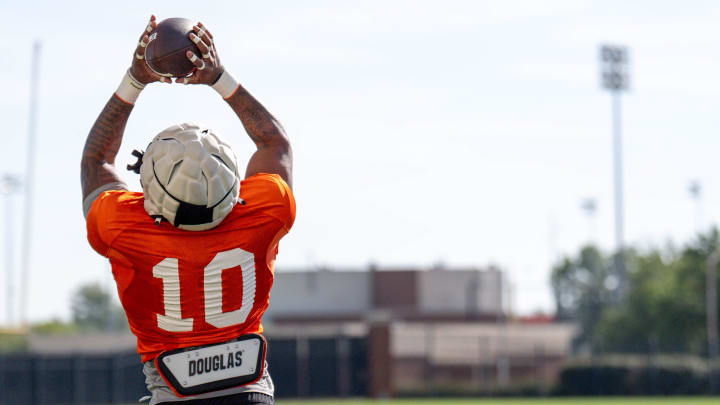 Rashod Owens (10) runs drills during an Oklahoma State football practice in Stillwater, Okla., on Saturday, Aug. 3, 2024.