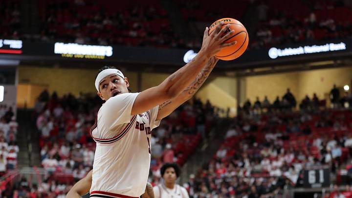 Feb 21, 2026; Lubbock, Texas, USA; Texas Tech Red Raiders forward LeJuan Watts (3) controls a high pass in the second half of the game against the Kansas State Wildcats at United Supermarkets Arena. Mandatory Credit: Michael C. Johnson-Imagn Images