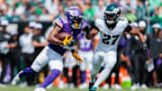Aug 24, 2024; Philadelphia, Pennsylvania, USA; Minnesota Vikings wide receiver Justin Hall (49) runs the ball against Philadelphia Eagles cornerback Zech McPhearson (27) during the second quarter at Lincoln Financial Field. Mandatory Credit: Caean Couto-Imagn Images