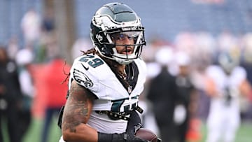 Aug 15, 2024; Foxborough, MA, USA; Philadelphia Eagles cornerback Avonte Maddox (29) warms up before a game against the New England Patriots at Gillette Stadium.