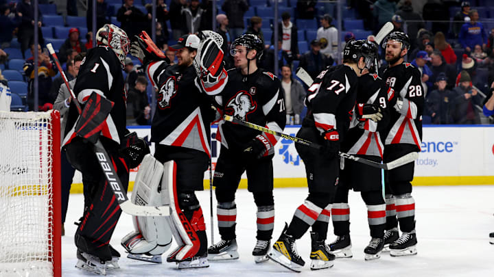Jan 18, 2024; Buffalo, New York, USA;  Buffalo Sabres goaltender Ukko-Pekka Luukkonen (1) celebrates