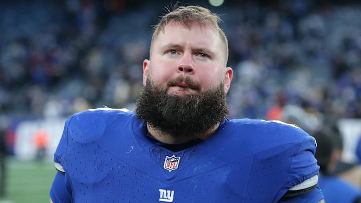 Dec 31, 2023; East Rutherford, New Jersey, USA; New York Giants guard Mark Glowinski (64) after a game against the Los Angeles Rams at MetLife Stadium. Mandatory Credit: Brad Penner-Imagn Images