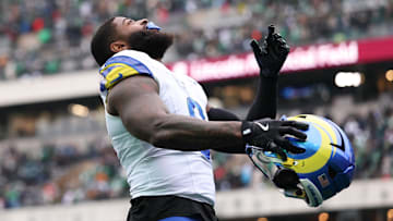 Jan 19, 2025; Philadelphia, Pennsylvania, USA; Los Angeles Rams linebacker Jared Verse (8) before action against the Philadelphia Eagles in a 2025 NFC divisional round game at Lincoln Financial Field. Mandatory Credit: Bill Streicher-Imagn Images