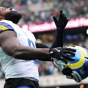 Jan 19, 2025; Philadelphia, Pennsylvania, USA; Los Angeles Rams linebacker Jared Verse (8) before action against the Philadelphia Eagles in a 2025 NFC divisional round game at Lincoln Financial Field. Mandatory Credit: Bill Streicher-Imagn Images