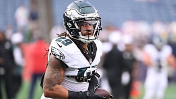 Philadelphia Eagles cornerback Avonte Maddox (29) warms up before a game against the New England Patriots at Gillette Stadium.