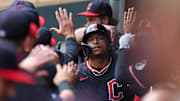 Sep 20, 2025; Minneapolis, Minnesota, USA; Cleveland Guardians catcher Bo Naylor (23) celebrates his solo home run against the Minnesota Twins during the second inning of game one of a double header at Target Field. Mandatory Credit: Matt Krohn-Imagn Images