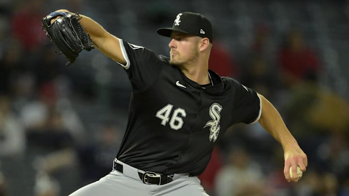 Chicago White Sox relief pitcher Jake Eder (46) against the Los Angeles Angels at Angel Stadium. Chicago White Sox relief pitcher Jake Eder (46) against the Los Angeles Angels at Angel Stadium.