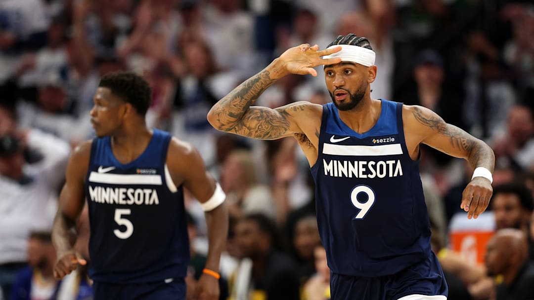 Nickeil Alexander-Walker alongside former teammate Anthony Edwards during Game Two of the 2025 Western Conference Semi-Finals versus the Golden State Warriors.