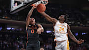 Dec 10, 2024; New York, New York, USA;  Miami Hurricanes guard Matthew Cleveland (0) dunks past Tennessee Volunteers forward Felix Okpara (34) in the second half at Madison Square Garden. Mandatory Credit: Wendell Cruz-Imagn Images