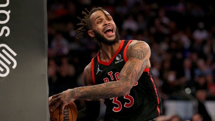 Nov 1, 2021; New York, New York, USA; Toronto Raptors guard Gary Trent Jr. (33) reacts during the fourth quarter against the New York Knicks at Madison Square Garden. Mandatory Credit: Brad Penner-USA TODAY Sports