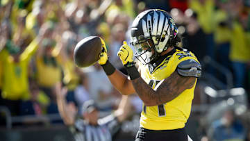Oregon wide receiver Justius Lowe celebrates a touchdown as the No. 1 Oregon Ducks host the No. 21 Illinois Fighting Illini Saturday, Oct. 26, 2024 at Autzen Stadium in Eugene, Ore.