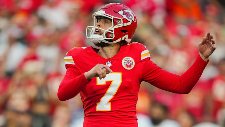 Sep 15, 2024; Kansas City, Missouri, USA; Kansas City Chiefs place kicker Harrison Butker (7) kicks a game winning field goal as time expires against the Cincinnati Bengals at GEHA Field at Arrowhead Stadium. Mandatory Credit: Jay Biggerstaff-Imagn Images