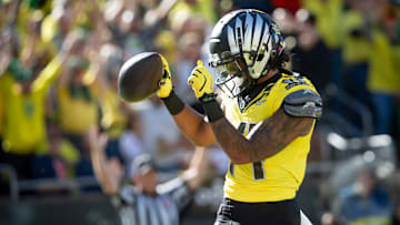 Oregon wide receiver Justius Lowe celebrates a touchdown as the No. 1 Oregon Ducks host the No. 21 Illinois Fighting Illini on Saturday, Oct. 26, 2024, at Autzen Stadium in Eugene, Ore.