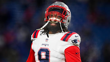 Jan 15, 2022; Orchard Park, New York, USA; New England Patriots outside linebacker Matt Judon (9) looks on prior to an AFC Wild Card playoff football game against the Buffalo Bills at Highmark Stadium.