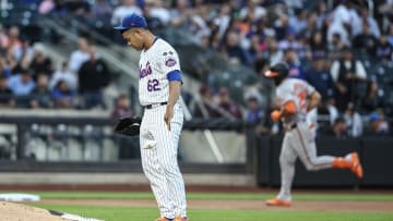 Aug 20, 2024; New York City, New York, USA;  New York Mets starting pitcher Jose Quintana (62) reacts after giving up a two-run home run to Baltimore Orioles right fielder Anthony Santander (25) in the first inning at Citi Field. Mandatory Credit: Wendell Cruz-USA TODAY Sports