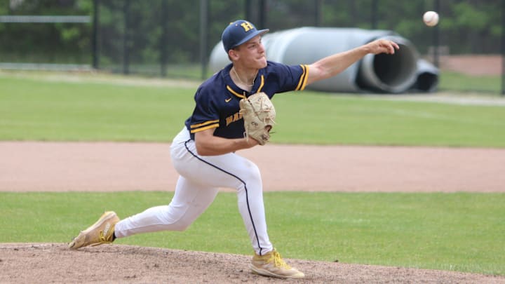 Hartland's Michael Zielinski pitched five shutout innings during a 1-0 victory over Saline in a Division 1 regional baseball semifinal game Wednesday, June 4, 2025 at Howell High School. Hartland's Michael Zielinski pitched five shutout innings during a 1-0 victory over Saline in a Division 1 regional baseball semifinal game Wednesday, June 4, 2025 at Howell High School.
